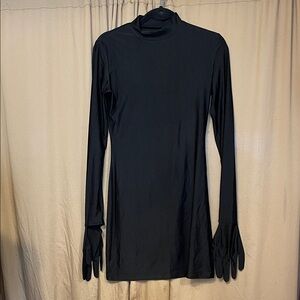 Chic Black Long Sleeve Dress With Attached Gloves